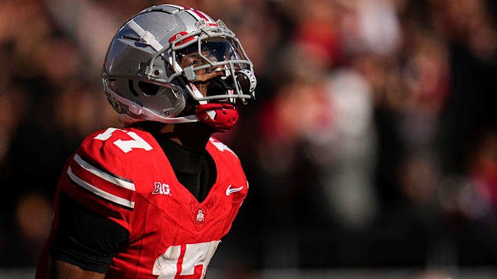 Ohio State Buckeyes wide receiver Carnell Tate (17) celebrates a catch during the NCAA football game against the Penn State Nittany Lions at Ohio Stadium in Columbus on Nov. 1, 2025.