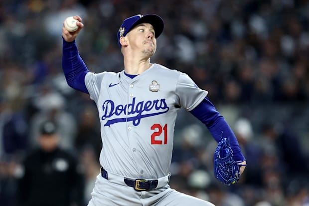 Oct 28, 2024; New York, New York, USA; Dodgers’ Walker Buehler pitches vs. Yankees in World Series.