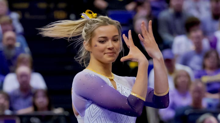 LSU's Livvy Dunne performs a floor routine against the Arkansas Razorbacks at Pete Maravich Assembly Center.