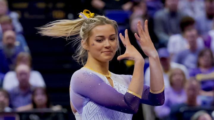LSU Lady Tigers senior gymnast Olivia ("Livvy") Dunne performs a floor routine against Arkansas on Feb. 2, 2024.