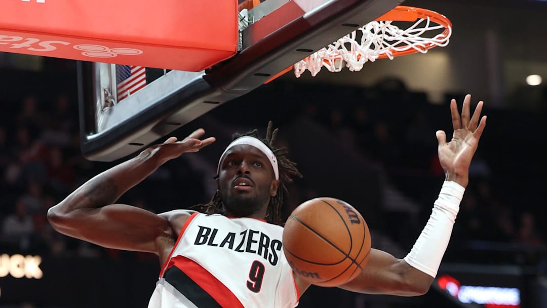 Oct 27, 2024; Portland, Oregon, USA; Portland Trail Blazers forward Jerami Grant (9) reacts after dunking the ball in the second half against the New Orleans Pelicans at Moda Center. Mandatory Credit: Jaime Valdez-Imagn Images