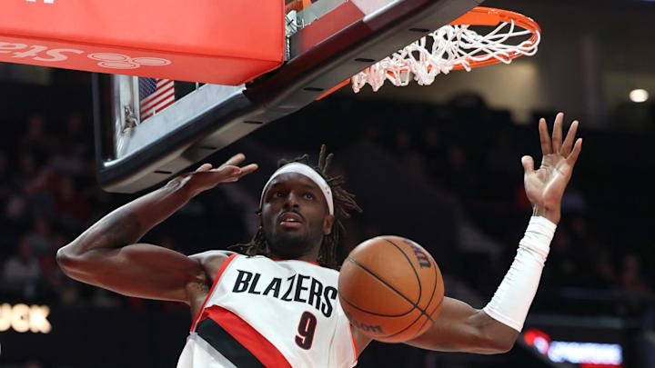 Oct 27, 2024; Portland, Oregon, USA; Portland Trail Blazers forward Jerami Grant (9) reacts after dunking the ball in the second half against the New Orleans Pelicans at Moda Center. Mandatory Credit: Jaime Valdez-Imagn Images