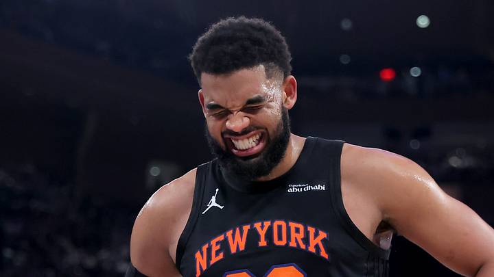 Apr 20, 2026; New York, New York, USA; New York Knicks center Karl-Anthony Towns (32) reacts during the third quarter of game two of the first round of the 2026 NBA Playoffs against the Atlanta Hawks at Madison Square Garden. Mandatory Credit: Brad Penner-Imagn Images