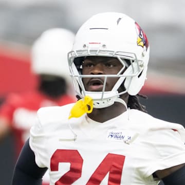 Jul 24, 2025; Glendale, AZ, USA; Arizona Cardinals cornerback Starling Thomas V (24) during training camp at State Farm Stadium. Mandatory Credit: Mark J. Rebilas-Imagn Images