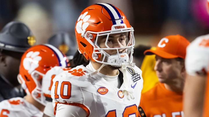 Dec 21, 2024; Austin, Texas, USA; Clemson Tigers cornerback Jeadyn Lukus (10) against the Texas Longhorns during the CFP National playoff first round at Darrell K Royal-Texas Memorial Stadium. Mandatory Credit: Mark J. Rebilas-Imagn Images
