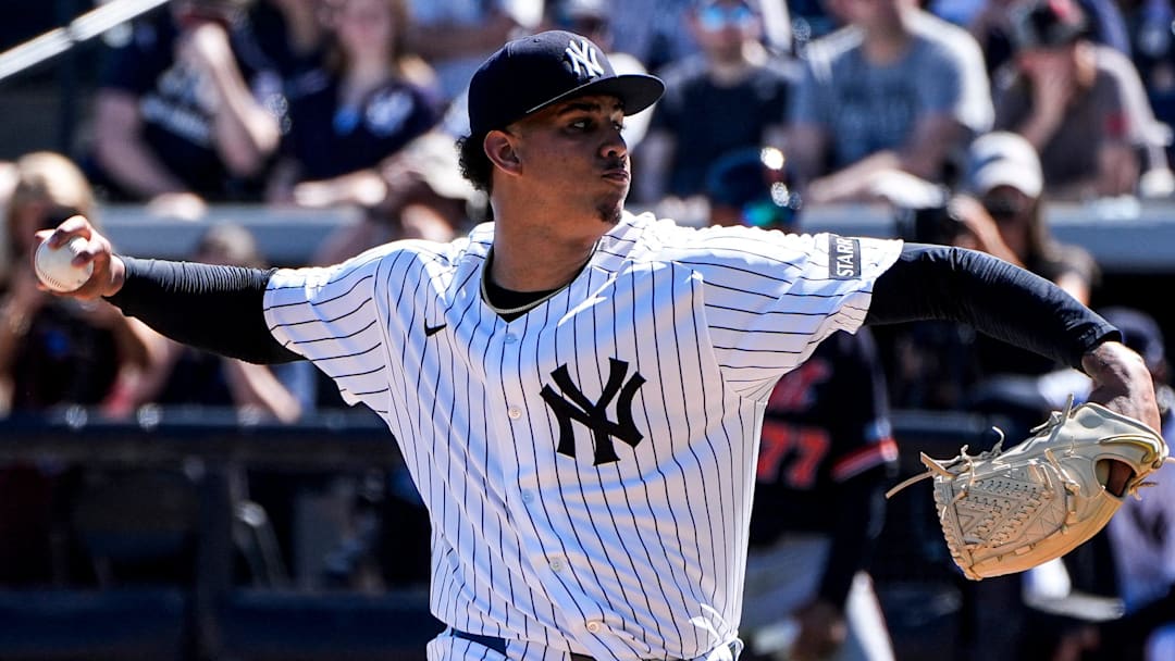 New York Yankees pitcher Carlos Lagrange (84) throws against Detroit Tigers during the first inning at George M. Steinbrenner Field in Tampa, Fla. on Saturday, Feb. 21, 2026.