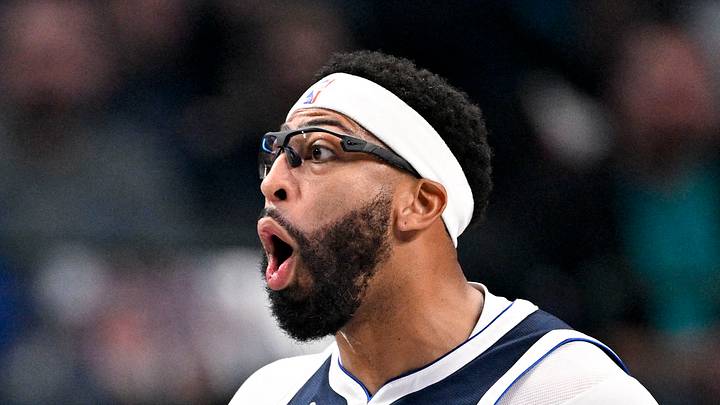 Dec 12, 2025; Dallas, Texas, USA; Dallas Mavericks forward Anthony Davis (3) reacts to a foul call during the first quarter against the Brooklyn Nets at the American Airlines Center. Mandatory Credit: Jerome Miron-Imagn Images