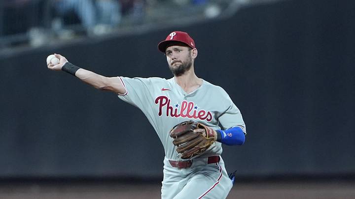 Aug 25, 2025; New York City, New York, USA;  Philadelphia Phillies shortstop Trea Turner (7) throws out New York Mets third baseman Mark Vientos (27) (not pictured) after fielding a ground ball during the second inning at Citi Field.