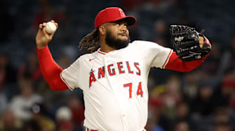 Apr 24, 2025; Anaheim, California, USA;  Los Angeles Angels relief pitcher Kenley Jansen (74) pitches during the ninth inning against the Pittsburgh Pirates at Angel Stadium.