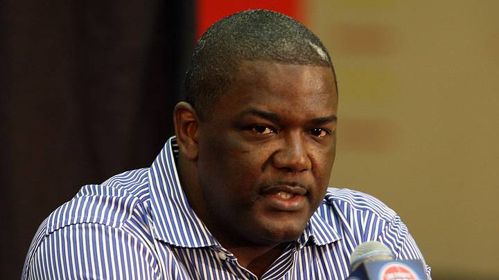 July 9, 2009; Auburn Hills, MI, USA; Detroit Pistons president Joe Dumars during the press conference to introduce their new head coach John Kuester at their practice facility. Mandatory Credit: Leon Halip-USA TODAY Sports
