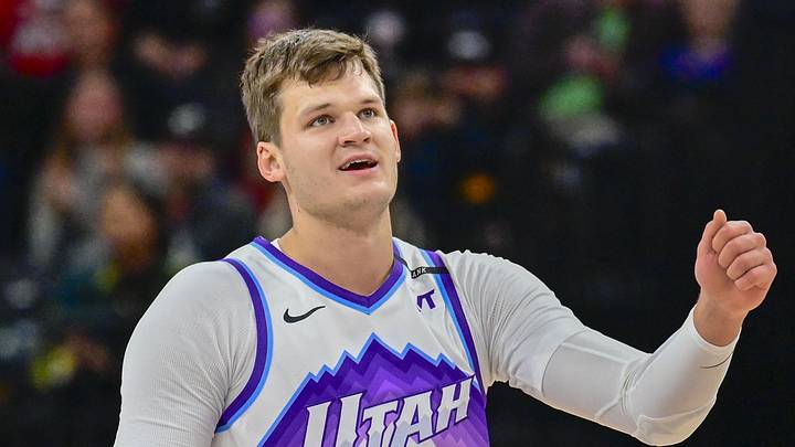 Oct 16, 2025; Salt Lake City, Utah, USA; Utah Jazz center Walker Kessler (24) smiles after making a great play during the first half against the Portland Trail Blazers at Delta Center. Mandatory Credit: Peter Creveling-Imagn Images