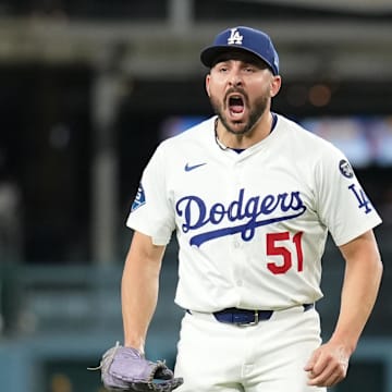 Los Angeles Dodgers pitcher Alex Vesia (51) reacts in the seventh innign against the Milwaukee Brewers during game four of the NLCS round for the 2025 MLB playoffs at Dodger Stadium on Oct. 17.