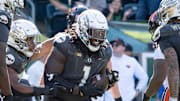 Oregon Ducks defensive lineman Bear Alexander celebrates a fumble recovery as the Oregon Ducks host the Oregon State Beavers Sept. 20, 2025, at Autzen Stadium in Eugene, Oregon.