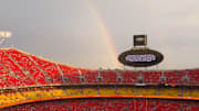 A rainbow appears over Arrowhead Stadium.