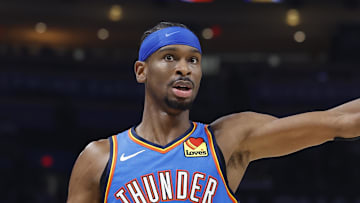 Nov 23, 2025; Oklahoma City, Oklahoma, USA; Oklahoma City Thunder guard Shai Gilgeous-Alexander (2) gestures to his team before a play against the Portland Trail Blazers during the second quarter at Paycom Center. Mandatory Credit: Alonzo Adams-Imagn Images