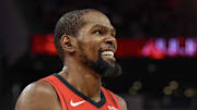 Nov 3, 2025; Houston, Texas, USA; Houston Rockets forward Kevin Durant (7) reacts in the second quarter against the Dallas Mavericks at Toyota Center. Mandatory Credit: Thomas Shea-Imagn Images