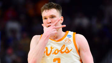 Tennessee guard Dalton Knecht (3) celebrates a three point shot during a NCAA Tournament Sweet 16 game between Tennessee and Creighton held at Little Caesars Arena in Detroit on Friday, March 29, 2024.