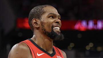 Nov 3, 2025; Houston, Texas, USA; Houston Rockets forward Kevin Durant (7) reacts in the second quarter against the Dallas Mavericks at Toyota Center. Mandatory Credit: Thomas Shea-Imagn Images