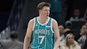 Nov 1, 2025; Charlotte, North Carolina, USA; Charlotte Hornets guard Kon Knueppel (7) during the first quarter against the Minnesota Timberwolves at Spectrum Center. Mandatory Credit: Jim Dedmon-Imagn Images