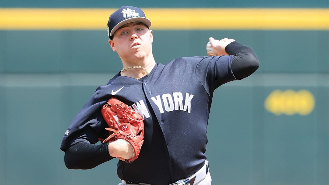 Mar 13, 2026; North Port, Florida, USA;  New York Yankees starting pitcher Ryan Weathers (40) throws a pitch during the first inning against the Atlanta Braves at CoolToday Park. Mandatory Credit: Kim Klement Neitzel-Imagn Images