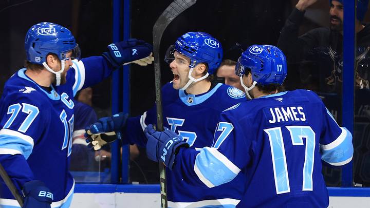 Feb 5, 2026; Tampa, Florida, USA; Tampa Bay Lightning left wing Brandon Hagel (38) is congratulated by defenseman Victor Hedman (77) and center Dominic James (17) after scoring against the Florida Panthers during the first period at Benchmark International Arena. Mandatory Credit: Kim Klement Neitzel-Imagn Images Feb 5, 2026; Tampa, Florida, USA; Tampa Bay Lightning left wing Brandon Hagel (38) is congratulated by defenseman Victor Hedman (77) and center Dominic James (17) after scoring against the Florida Panthers during the first period at Benchmark International Arena. Mandatory Credit: Kim Klement Neitzel-Imagn Images