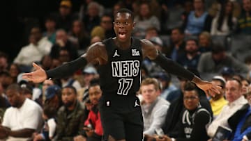 Dec 13, 2024; Memphis, Tennessee, USA; Brooklyn Nets guard Dennis Schroder (17) reacts during the first quarter against the Memphis Grizzlies at FedExForum. Mandatory Credit: Petre Thomas-Imagn Images