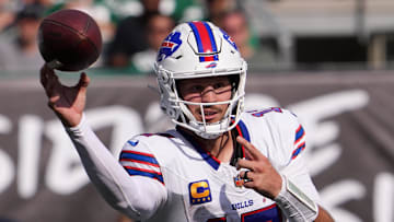 Buffalo Bills quarterback Josh Allen (17) drops back to pass against the New York Jets on Sunday.