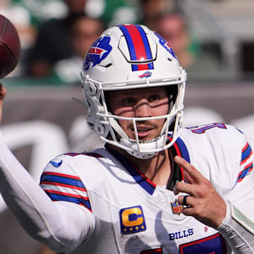 Buffalo Bills quarterback Josh Allen (17) drops back to pass against the New York Jets on Sunday.
