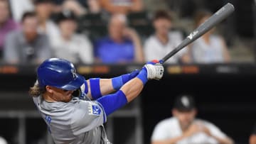 Kansas City Royals shortstop Bobby Witt Jr. (7) hits an RBI single during the eighth inning against the Chicago White Sox at Guaranteed Rate Field on July 30.