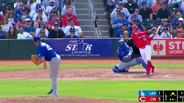 Cincinnati Reds outfielder Austin Hayes hits a spring training home run against the Los Angeles Dodgers.