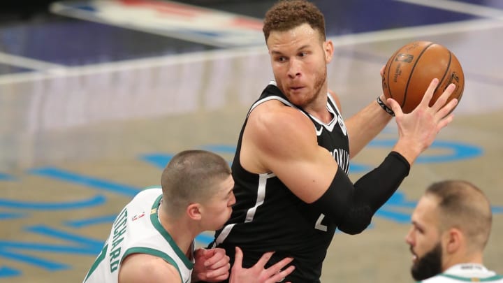 Apr 23, 2021; Brooklyn, New York, USA; Brooklyn Nets power forward Blake Griffin (2) controls the ball while defended by Boston Celtics point guard Payton Pritchard (11) during the third quarter at Barclays Center. Mandatory Credit: Brad Penner-USA TODAY Sports