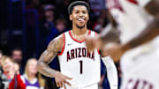 Arizona Wildcats guard Caleb Love (1) celebrates a three-point basket during the second half of the game against the TCU Horned Frogs at McKale Center.