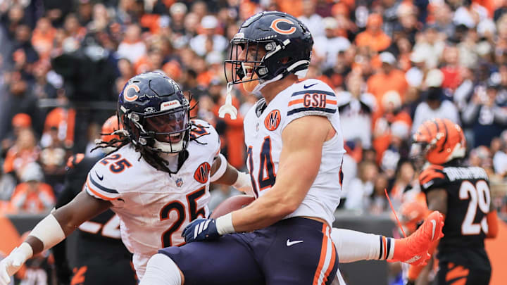 Nov 2, 2025; Cincinnati, Ohio, USA; Chicago Bears tight end Colston Loveland (84) celebrates with wide receiver Olamide Zaccheaus (14) after catching a 5-yard touchdown pass against the Cincinnati Bengals during the third quarter at Paycor Stadium. Mandatory Credit: Katie Stratman-Imagn Images