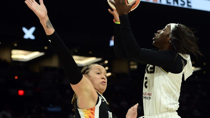 Oct 10, 2021; Phoenix, Arizona, USA; Chicago Sky guard/forward Kahleah Copper (2) shoots over Phoenix Mercury center Brittney Griner (42) during the second half of game one of the 2021 WNBA Finals at Footprint Center. Mandatory Credit: Joe Camporeale-Imagn Images