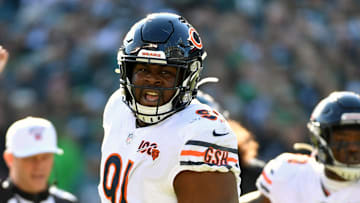 Nov 3, 2019; Philadelphia, PA, USA; Chicago Bears nose tackle Eddie Goldman (91) reacts against the Philadelphia Eagles at Lincoln Financial Field. Mandatory Credit: Eric Hartline-Imagn Images