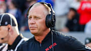 Nov 9, 2024; Raleigh, North Carolina, USA; North Carolina State Wolfpack head coach Dave Doeren looks on prior to the first half of the game against Duke Blue Devils at Carter-Finley Stadium. Mandatory Credit: Jaylynn Nash-Imagn Images