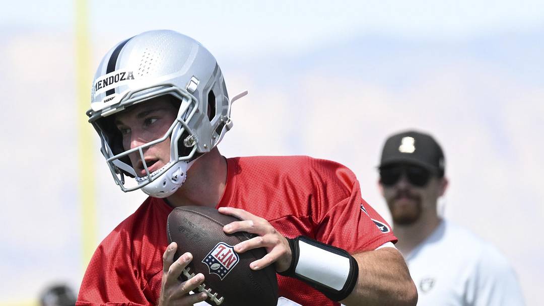 May 2, 2026; Henderson, NV, USA; Las Vegas Raiders quarterback Fernando Mendoza (15) runs through a drill during a Rookie Minicamp at Intermountain Health Performance Center. Mandatory Credit: Candice Ward-Imagn Images