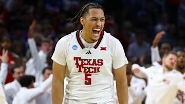 Texas Tech Red Raiders forward Darrion Williams reacts after a play against the Drake Bulldogs during the second half at Intrust Bank Arena in Wichita, Kan., on Saturday. 