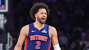 Apr 19, 2025; New York, New York, USA; Detroit Pistons guard Cade Cunningham (2) reacts after scoring against the New York Knicks in Game One of the First Round of the NBA Playoffs at Madison Square Garden. Mandatory Credit: Wendell Cruz-Imagn Images