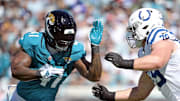 Oct 15, 2023; Jacksonville, Florida, USA; Jacksonville Jaguars outside linebacker Josh Allen (41) rushes the passer against the Indianapolis Colts in the first half at EverBank Stadium. Mandatory Credit: Melina Myers-Imagn Images