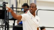 NBA player Chris Paul looks on as Team CP3 plays a game against Nightrydas at Nike EYBL at the Memphis Sports & Events Center on Saturday, May 17, 2025.