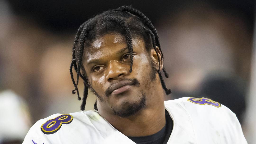 Sep 13, 2021; Paradise, Nevada, USA; Baltimore Ravens quarterback Lamar Jackson (8) reacts against the Las Vegas Raiders during Monday Night Football at Allegiant Stadium. Mandatory Credit: Mark J. Rebilas-Imagn Images