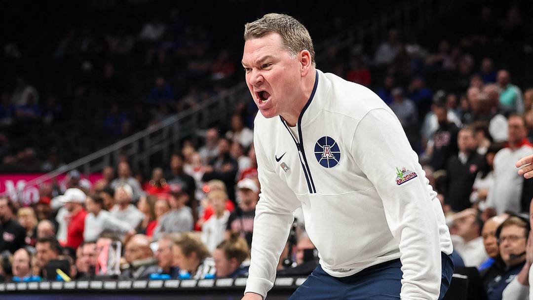 Mar 14, 2025; Kansas City, MO, USA; Arizona Wildcats coach Tommy Lloyd reacts after a play