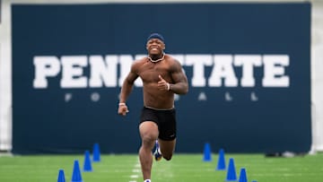 Kobe King runs the 40-yard dash during Penn State's Pro Day