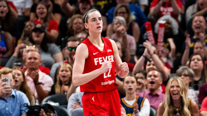 Indiana Fever guard Caitlin Clark (22) celebrates.