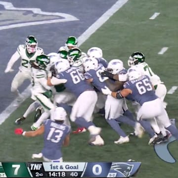 The Patriots pushed in TreVeyon Henderson for a touchdown in the second quarter on Thursday.