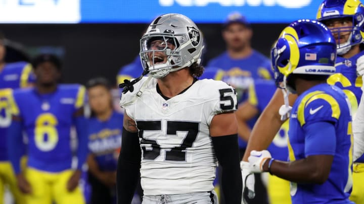 Aug 19, 2023; Inglewood, California, USA;  Las Vegas Raiders linebacker Drake Thomas (57) reacts after making a defensive stop during the third quarter against the Los Angeles Rams at SoFi Stadium. Mandatory Credit: Kiyoshi Mio-USA TODAY Sports