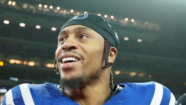 Indianapolis Colts running back Jonathan Taylor smiles