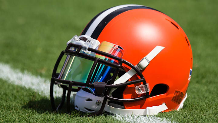 Sep 17, 2017; Baltimore, MD, USA; A Cleveland Browns helmet sits on the field before a game against the Baltimore Ravens at M&T Bank Stadium. Mandatory Credit: Patrick McDermott-Imagn Images