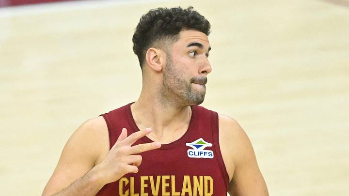 Cleveland Cavaliers forward Georges Niang (20) celebrates his three-point goal in the third quarter against the Charlotte Hornets at Rocket Mortgage FieldHouse on January 5, 2025.
